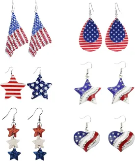 6 Pairs Independence Day 4th of July Earrings for Women,Patriotic Accessories Faux Leather American Flag Teardrop Dangle Drop Star Earrings Outfits for Girls Jewelry Gifts