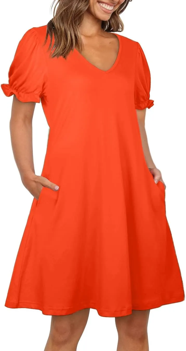 Aloodor Women's Casual Dresses Short Sleeve V-Neck Dress with Pockets