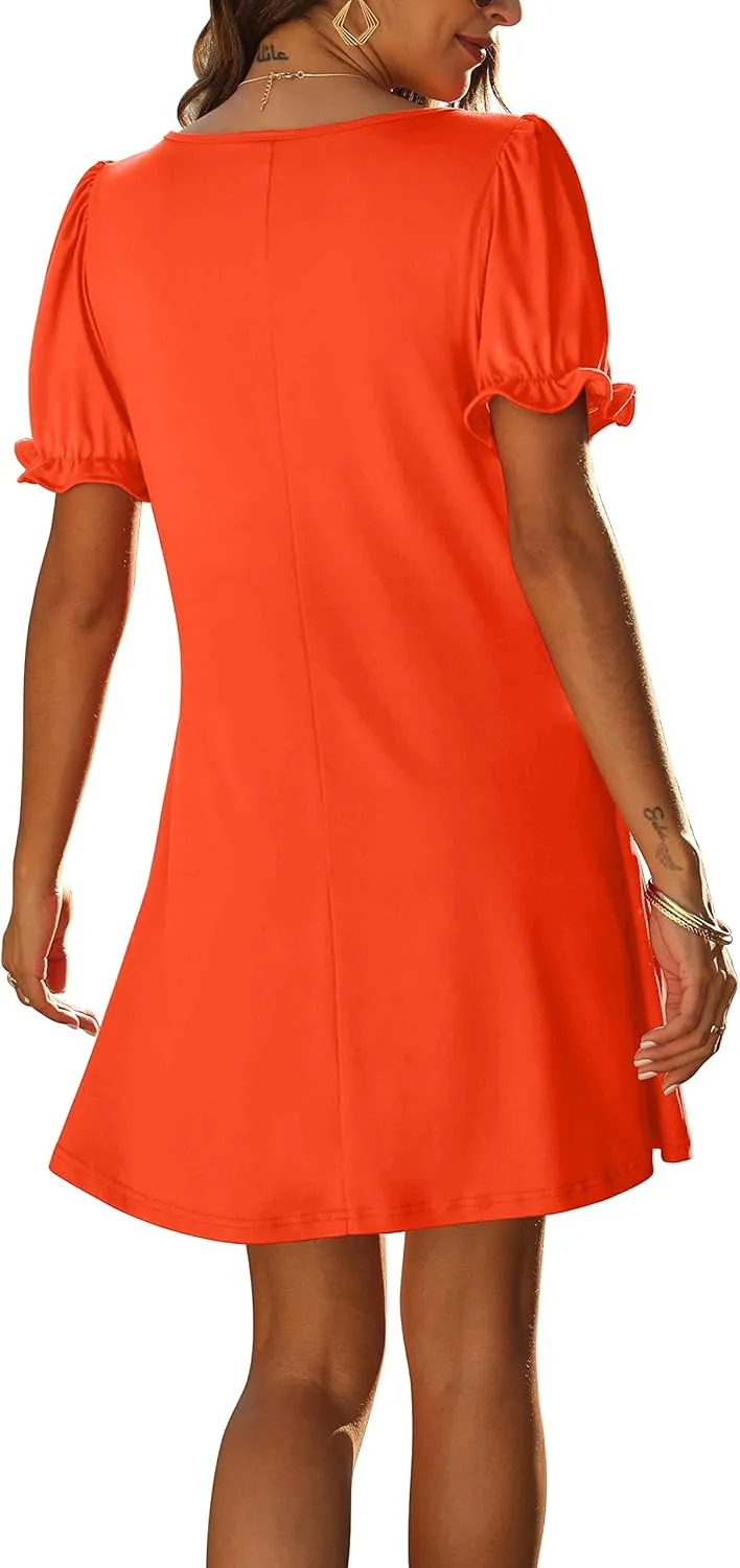 Aloodor Women's Casual Dresses Short Sleeve V-Neck Dress with Pockets