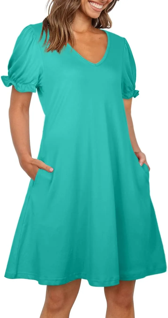 Aloodor Women's Casual Dresses Short Sleeve V-Neck Dress with Pockets
