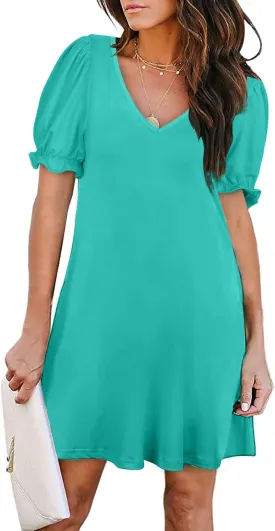 Aloodor Women's Casual Dresses Short Sleeve V-Neck Dress with Pockets
