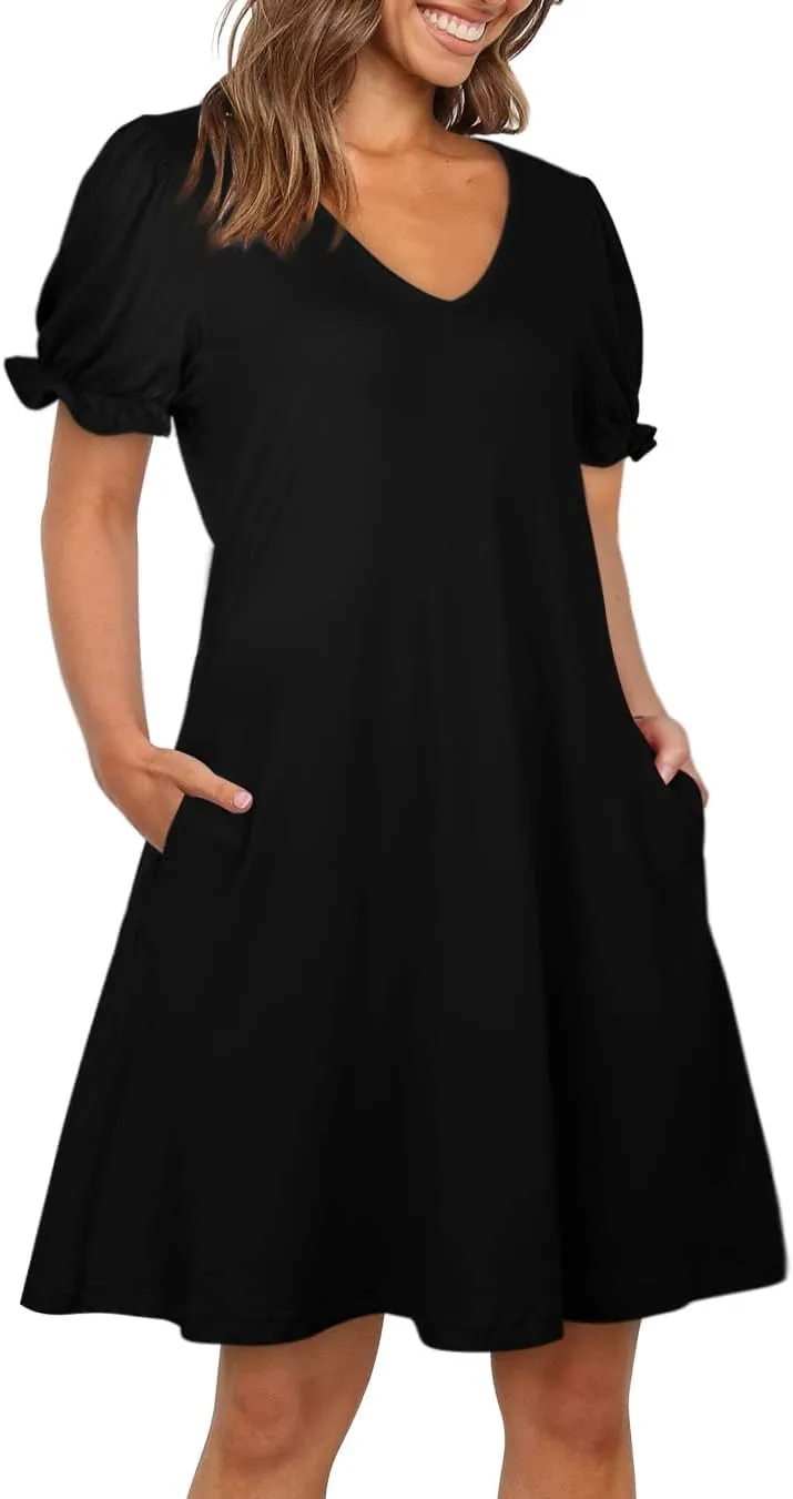 Aloodor Women's Casual Dresses Short Sleeve V-Neck Dress with Pockets