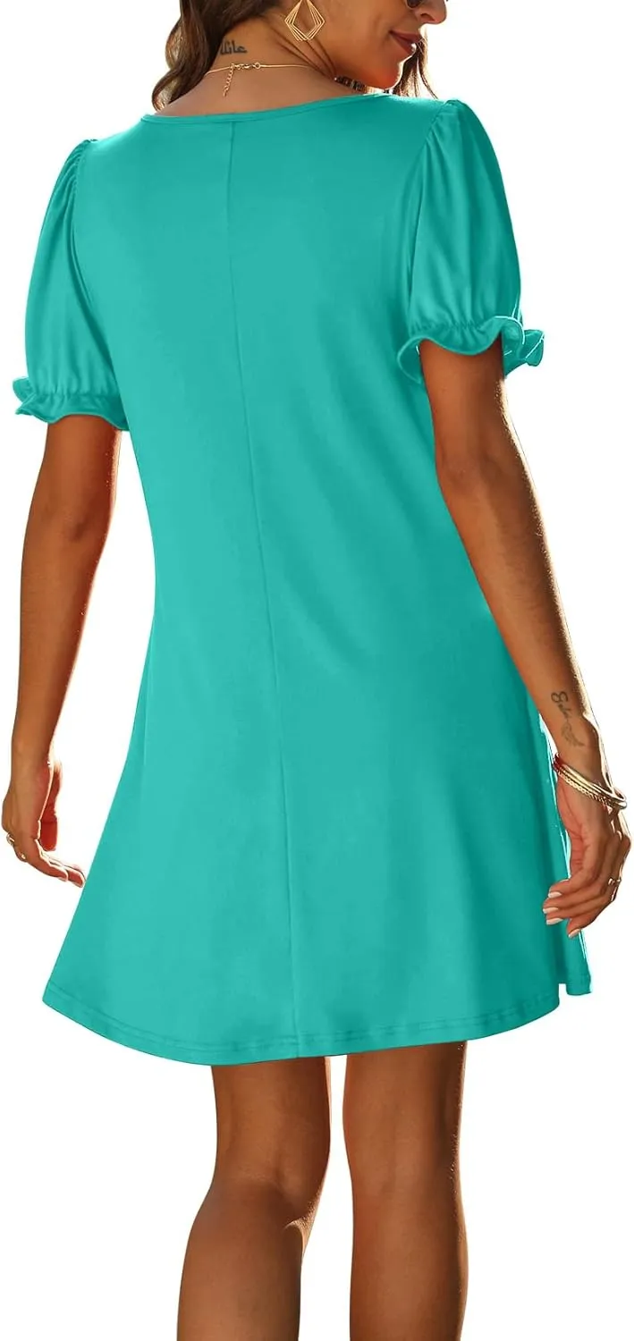 Aloodor Women's Casual Dresses Short Sleeve V-Neck Dress with Pockets