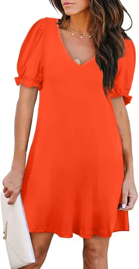 Aloodor Women's Casual Dresses Short Sleeve V-Neck Dress with Pockets