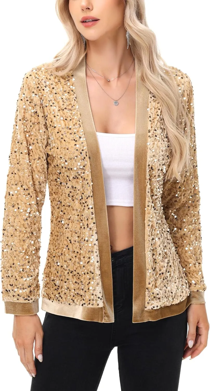 Anna-Kaci Women's Sparkly Sequin Cardigan Long Sleeve Open Front Glitter Party Sequin Blazer Jacket
