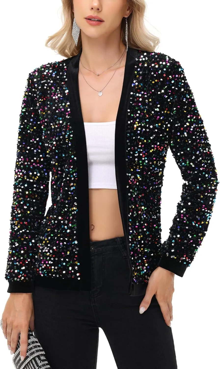 Anna-Kaci Women's Sparkly Sequin Cardigan Long Sleeve Open Front Glitter Party Sequin Blazer Jacket