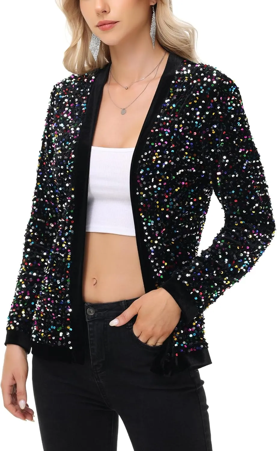 Anna-Kaci Women's Sparkly Sequin Cardigan Long Sleeve Open Front Glitter Party Sequin Blazer Jacket