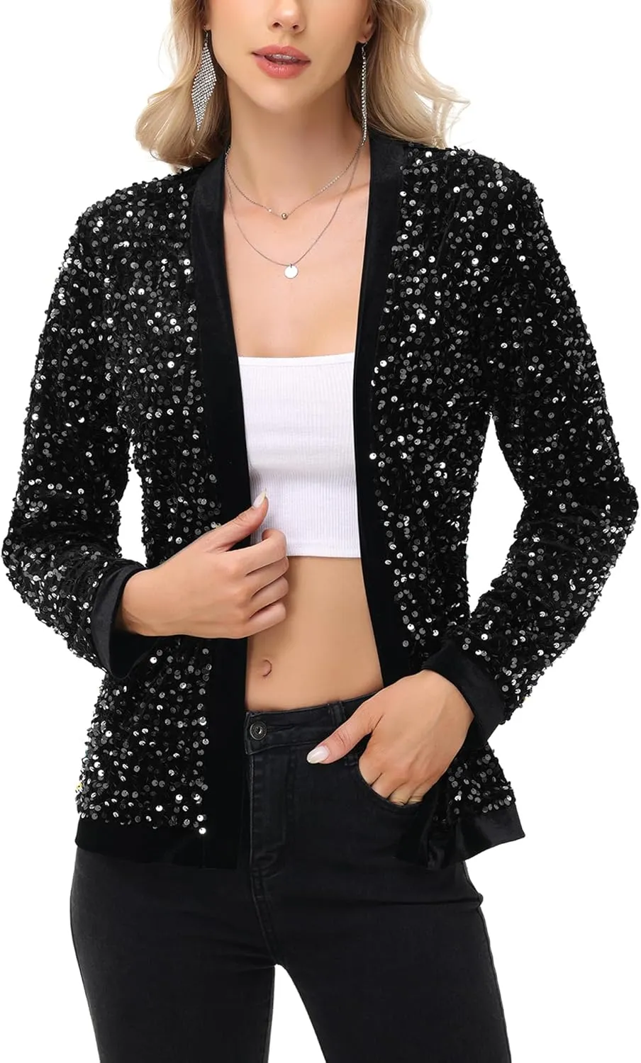 Anna-Kaci Women's Sparkly Sequin Cardigan Long Sleeve Open Front Glitter Party Sequin Blazer Jacket