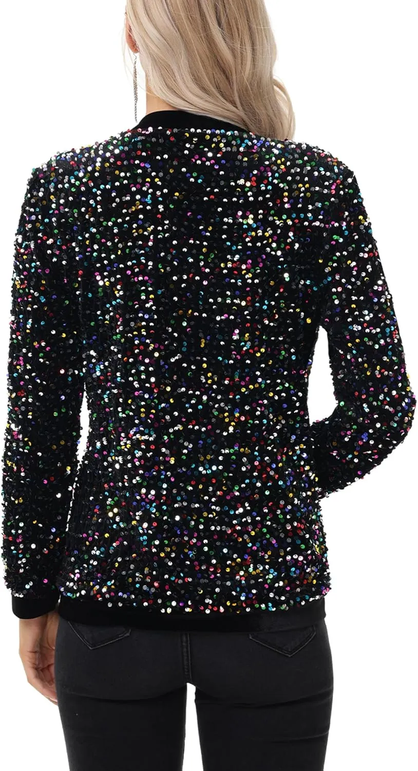 Anna-Kaci Women's Sparkly Sequin Cardigan Long Sleeve Open Front Glitter Party Sequin Blazer Jacket