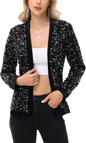 Anna-Kaci Women's Sparkly Sequin Cardigan Long Sleeve Open Front Glitter Party Sequin Blazer Jacket