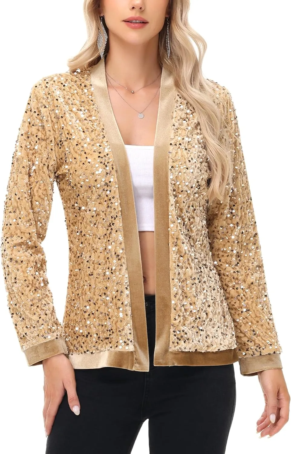 Anna-Kaci Women's Sparkly Sequin Cardigan Long Sleeve Open Front Glitter Party Sequin Blazer Jacket