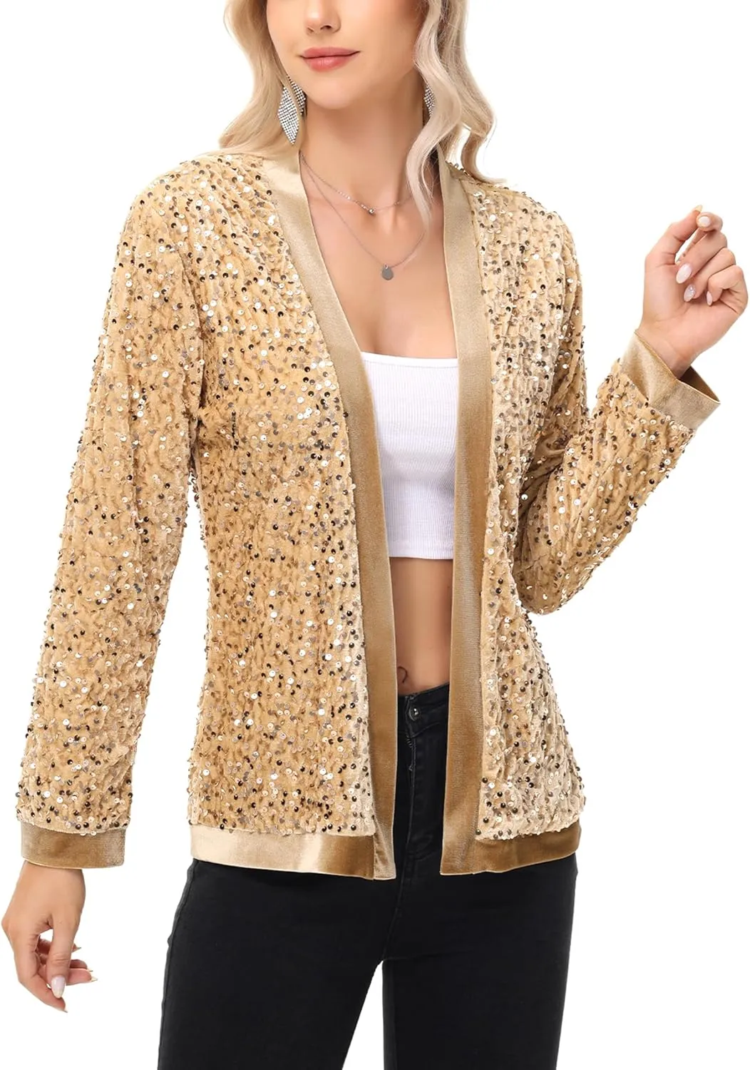 Anna-Kaci Women's Sparkly Sequin Cardigan Long Sleeve Open Front Glitter Party Sequin Blazer Jacket