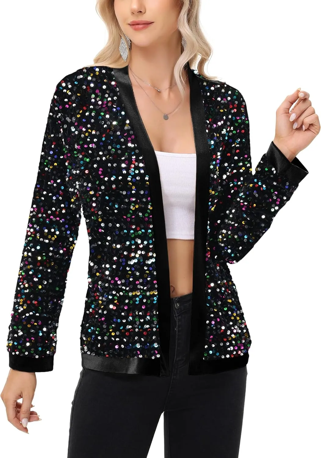 Anna-Kaci Women's Sparkly Sequin Cardigan Long Sleeve Open Front Glitter Party Sequin Blazer Jacket