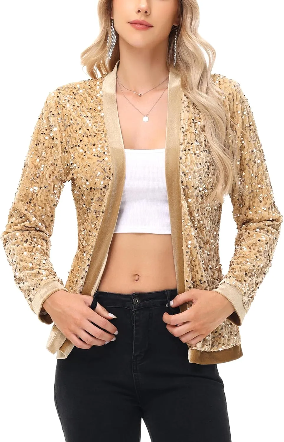 Anna-Kaci Women's Sparkly Sequin Cardigan Long Sleeve Open Front Glitter Party Sequin Blazer Jacket