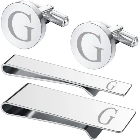 BodyJ4You 4PC Cufflinks, Tie Bar, Money Clip - Initial A-Z Engraving Alphabet Letter - Mirror Polished Steel Jewelry Set - Men's Cuff Links Shirt Suit - Fathers Day Wedding Groom Gift Box