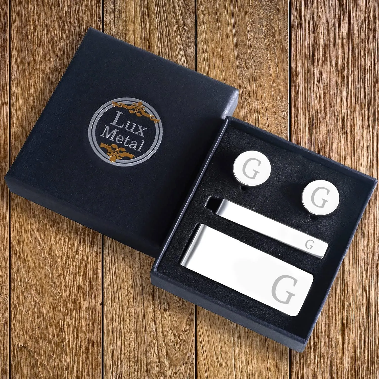 BodyJ4You 4PC Cufflinks, Tie Bar, Money Clip - Initial A-Z Engraving Alphabet Letter - Mirror Polished Steel Jewelry Set - Men's Cuff Links Shirt Suit - Fathers Day Wedding Groom Gift Box