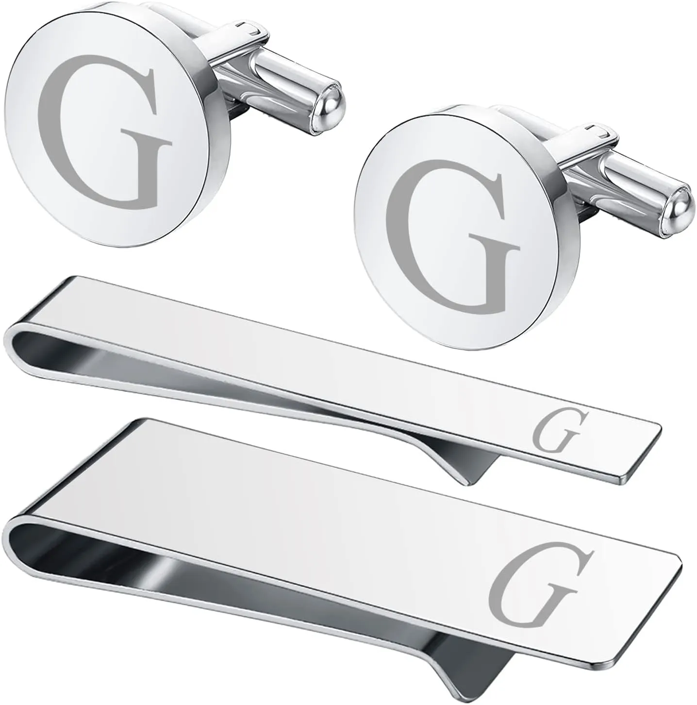 BodyJ4You 4PC Cufflinks, Tie Bar, Money Clip - Initial A-Z Engraving Alphabet Letter - Mirror Polished Steel Jewelry Set - Men's Cuff Links Shirt Suit - Fathers Day Wedding Groom Gift Box