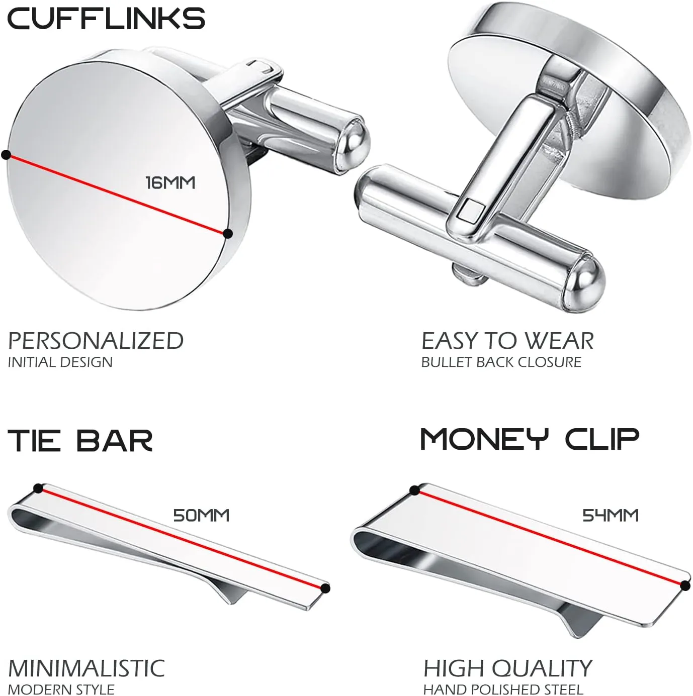 BodyJ4You 4PC Cufflinks, Tie Bar, Money Clip - Initial A-Z Engraving Alphabet Letter - Mirror Polished Steel Jewelry Set - Men's Cuff Links Shirt Suit - Fathers Day Wedding Groom Gift Box