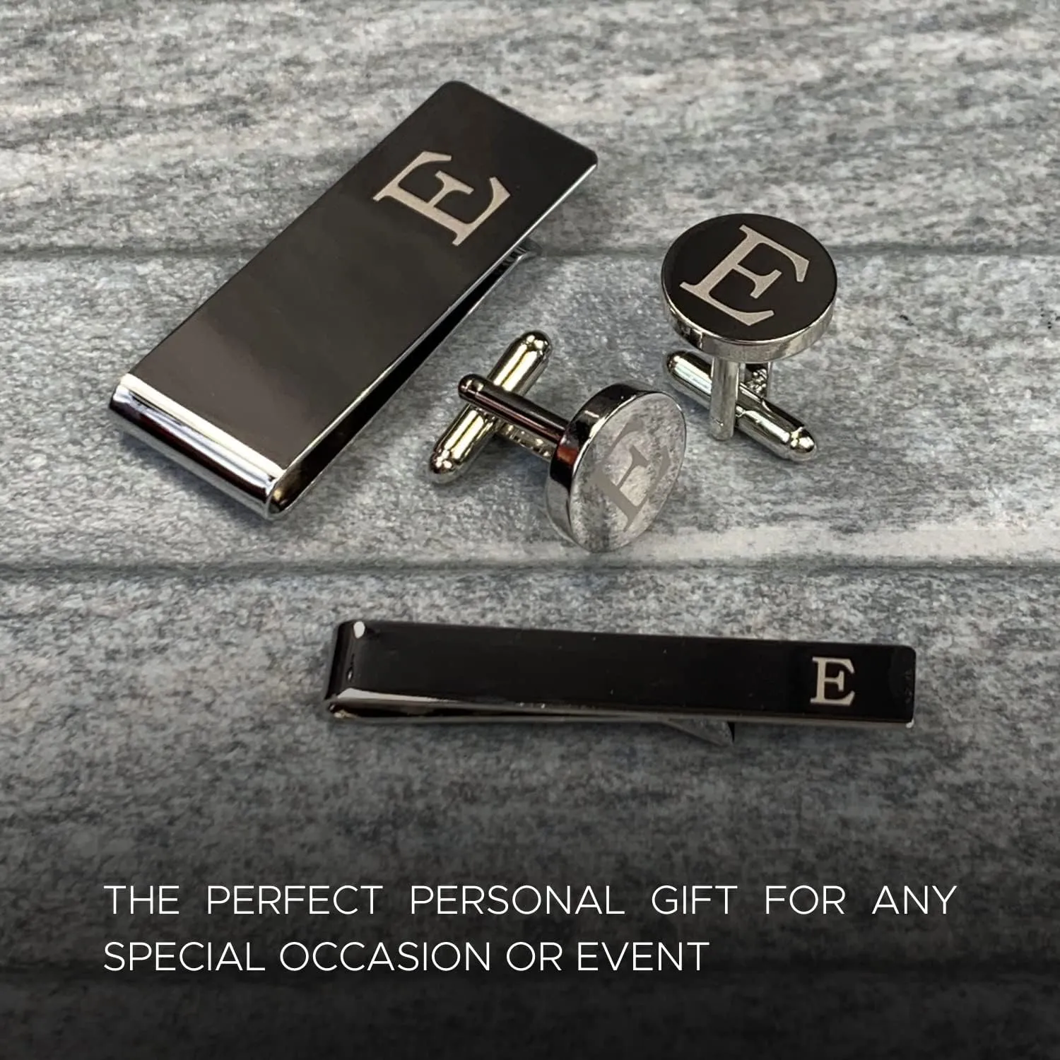 BodyJ4You 4PC Cufflinks, Tie Bar, Money Clip - Initial A-Z Engraving Alphabet Letter - Mirror Polished Steel Jewelry Set - Men's Cuff Links Shirt Suit - Fathers Day Wedding Groom Gift Box