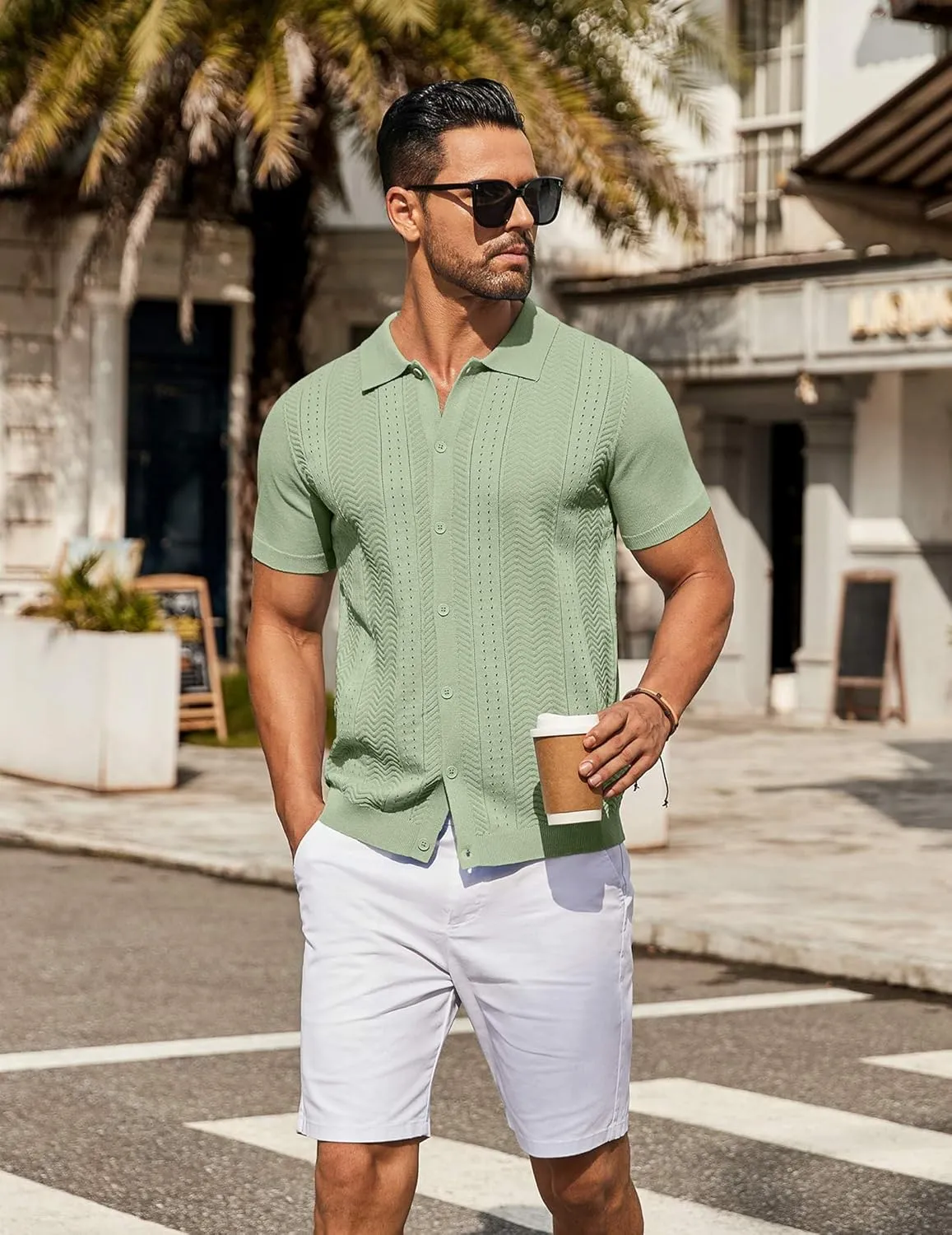 COOFANDY Mens Knit Button Down Shirt Short Sleeve Summer Casual Shirts Vintage Beach Vacation Shirts