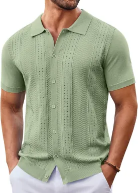 COOFANDY Mens Knit Button Down Shirt Short Sleeve Summer Casual Shirts Vintage Beach Vacation Shirts