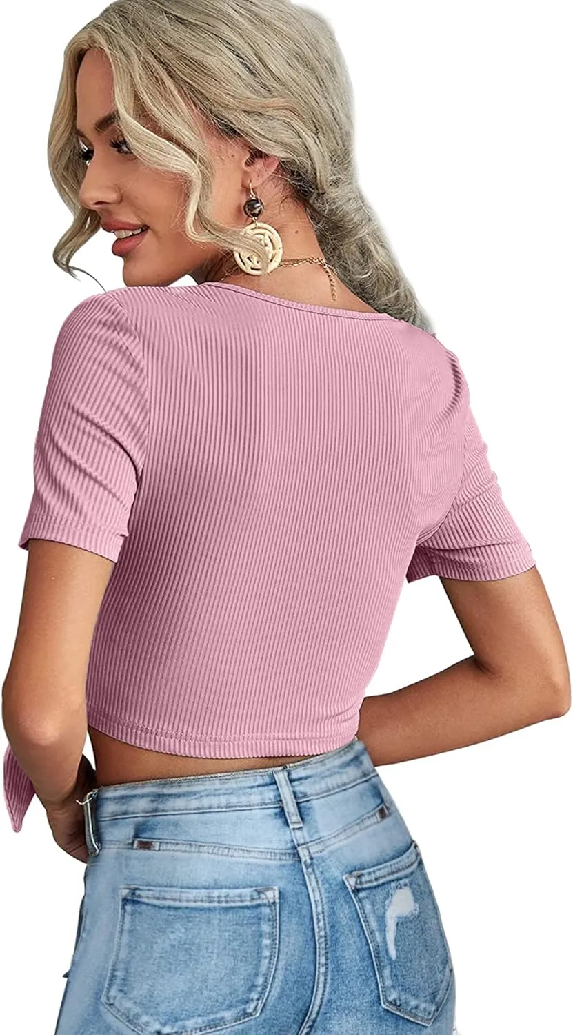 Crop Tops for Women Summer Cute Tops with Deep V Neck Shirts Sexy Unique Cross Wrap Slim Fit Tie Up Front Short Sleeve
