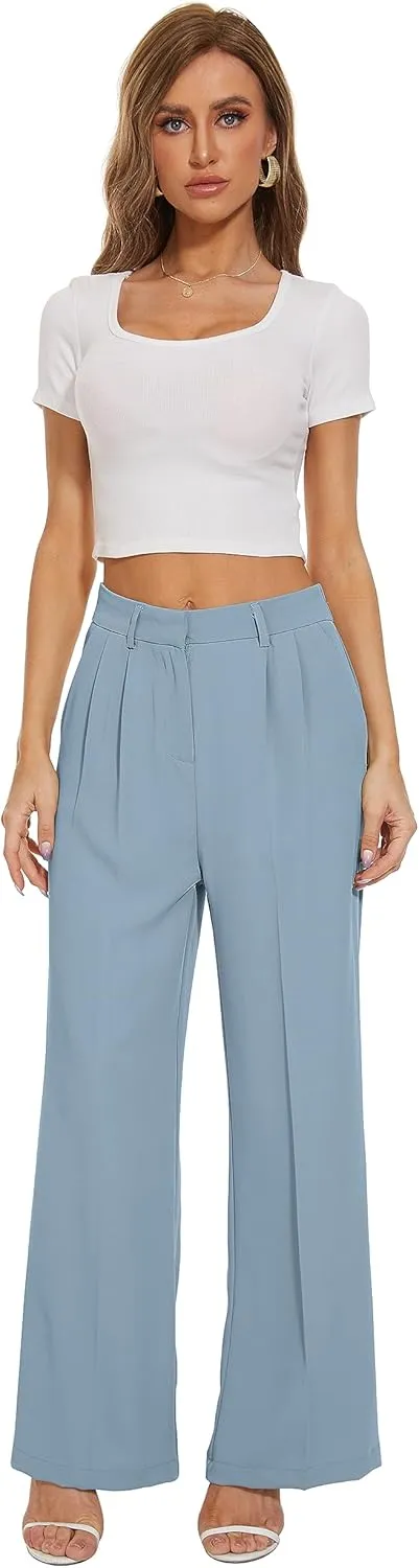 FUNYYZO Wide Leg Pants Women's High Elastic Waisted in The Back Business Work Trousers Long Straight Suit Pants
