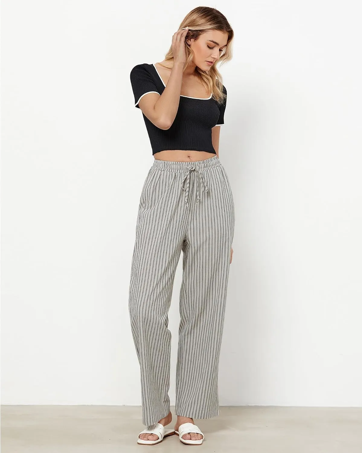 GRAPENT Striped Pants for Women High Waisted Wide Leg Cotton Linen Trendy Beach Pull On Elastic Waist Casual Flowy Pants