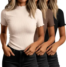 Huukeay 3 Pack Women's Mock Turtleneck Short Sleeve Tops Cotton Ribbed Lettuce Trim T Shirts Slim Fit Casual Base Tee