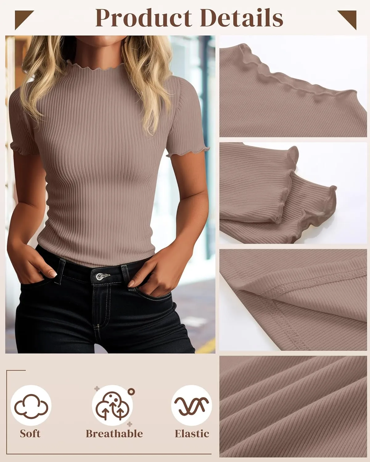 Huukeay 3 Pack Women's Mock Turtleneck Short Sleeve Tops Cotton Ribbed Lettuce Trim T Shirts Slim Fit Casual Base Tee