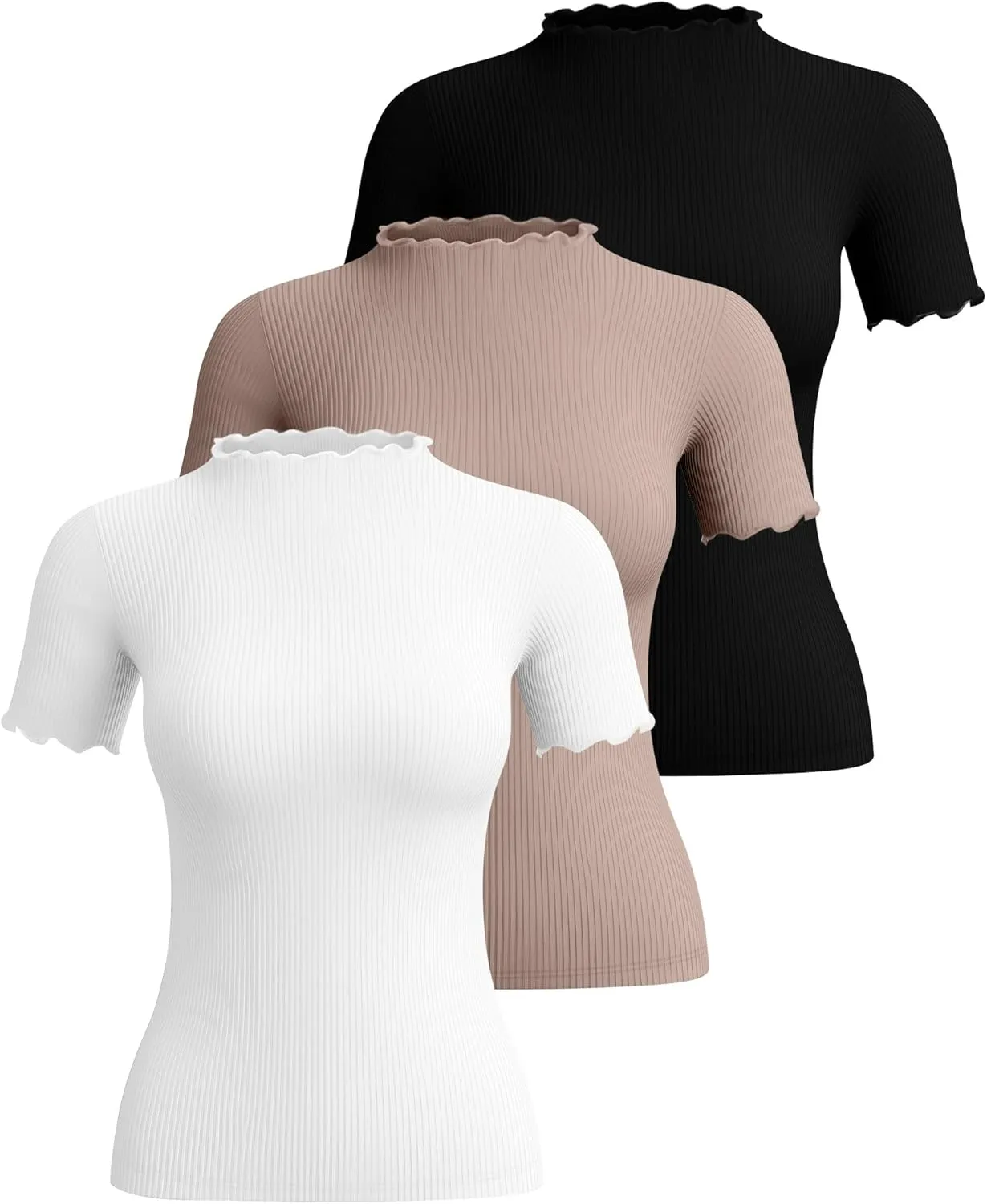Huukeay 3 Pack Women's Mock Turtleneck Short Sleeve Tops Cotton Ribbed Lettuce Trim T Shirts Slim Fit Casual Base Tee