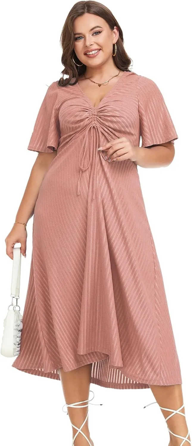 LALAGEN Womens Plus Size Boho Summer Midi Dress 2024 Flutter Short Sleeve Drawstring V Neck Flowy Beach Long Dress 1X-6X