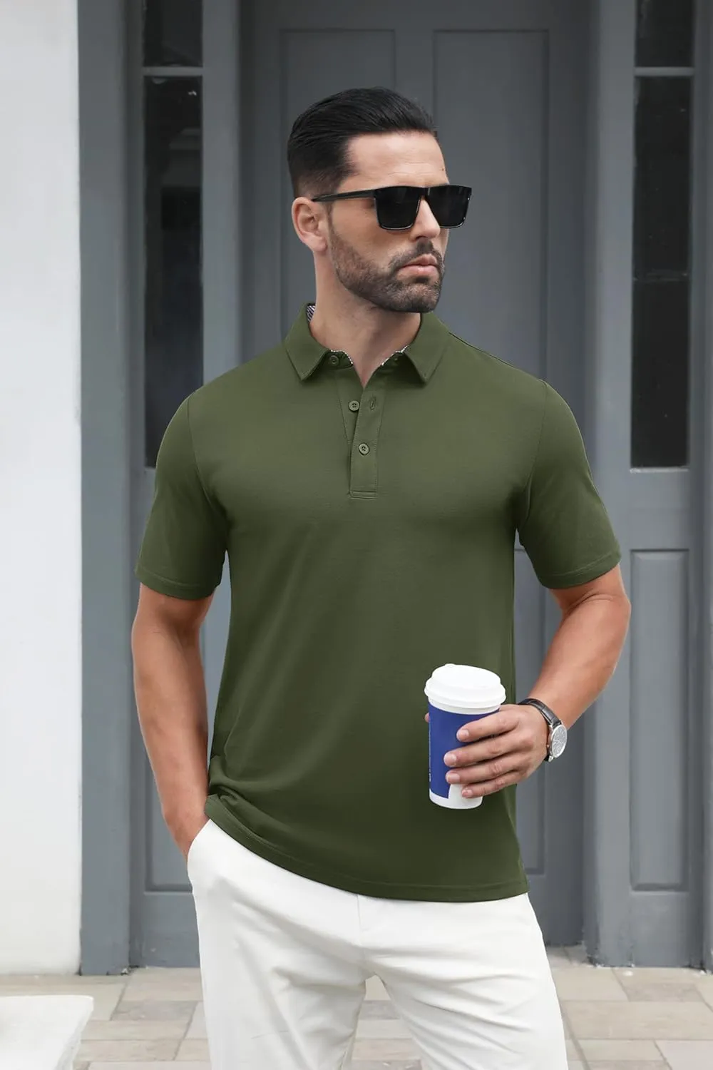 MAGCOMSEN Men's Polo Shirts Short Sleeve Cotton Pique 3 Button Classic Fit Casual T-Shirt Performance Golf Shirts