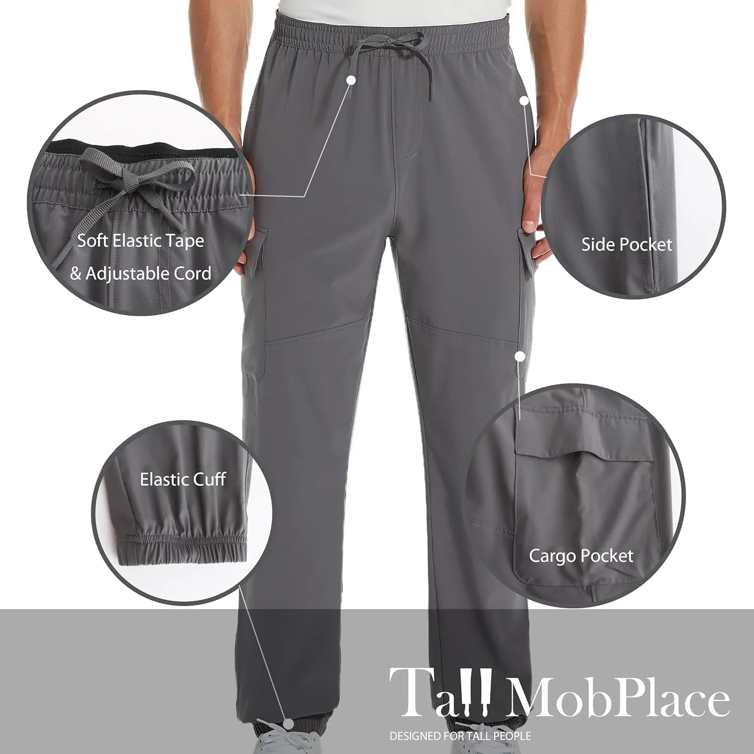 Men's 34"/36" Inseam Cool Lightweight Cargo Athletic Pants Fast Dry UPF50 Joggers