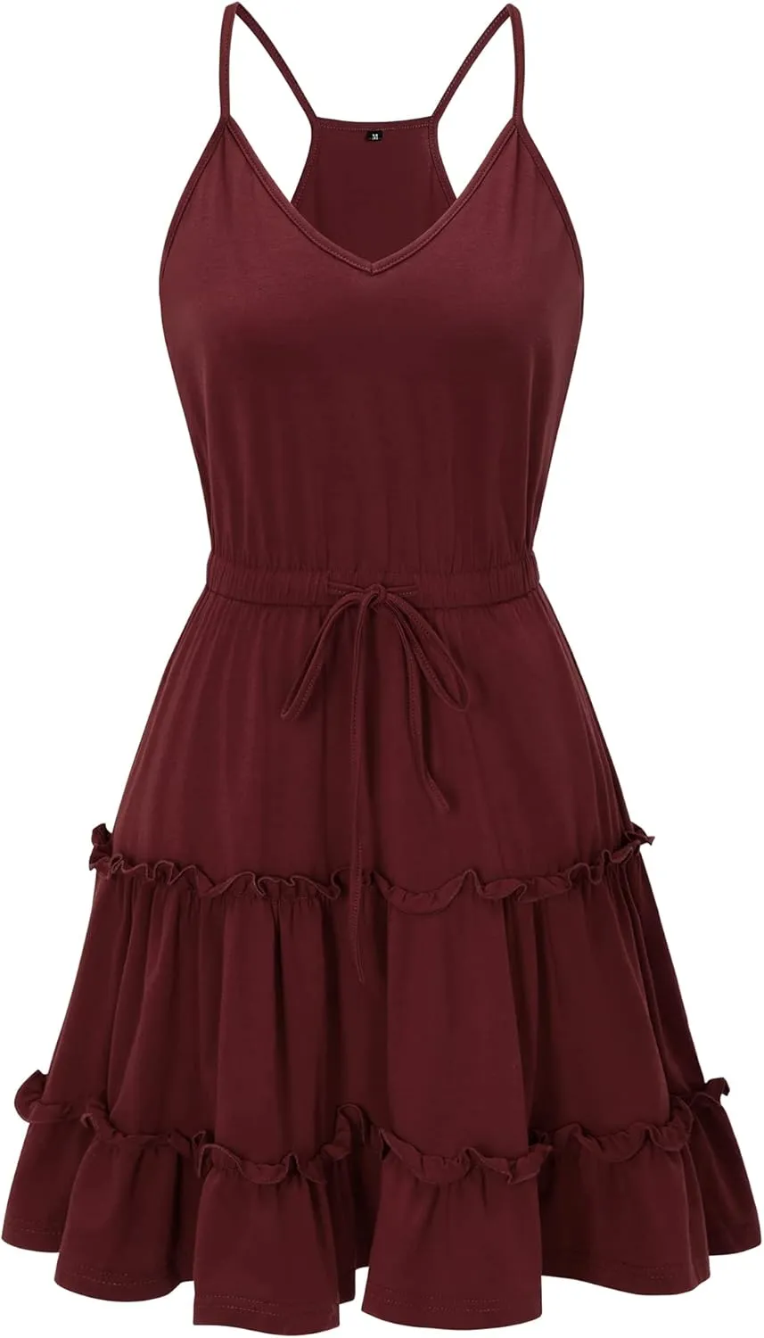 Newshows Women's 2025 Summer Dress Spaghetti Strap Casual Boho Beach Vacation Outfits Drawstring Ruffle Hem Sundress Trendy