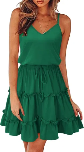 Newshows Women's 2025 Summer Dress Spaghetti Strap Casual Boho Beach Vacation Outfits Drawstring Ruffle Hem Sundress Trendy