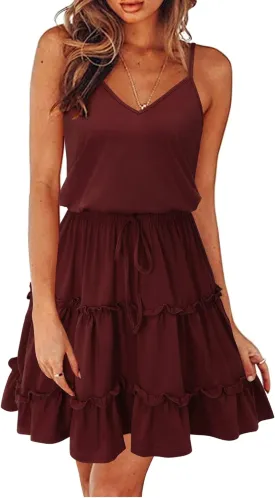 Newshows Women's 2025 Summer Dress Spaghetti Strap Casual Boho Beach Vacation Outfits Drawstring Ruffle Hem Sundress Trendy
