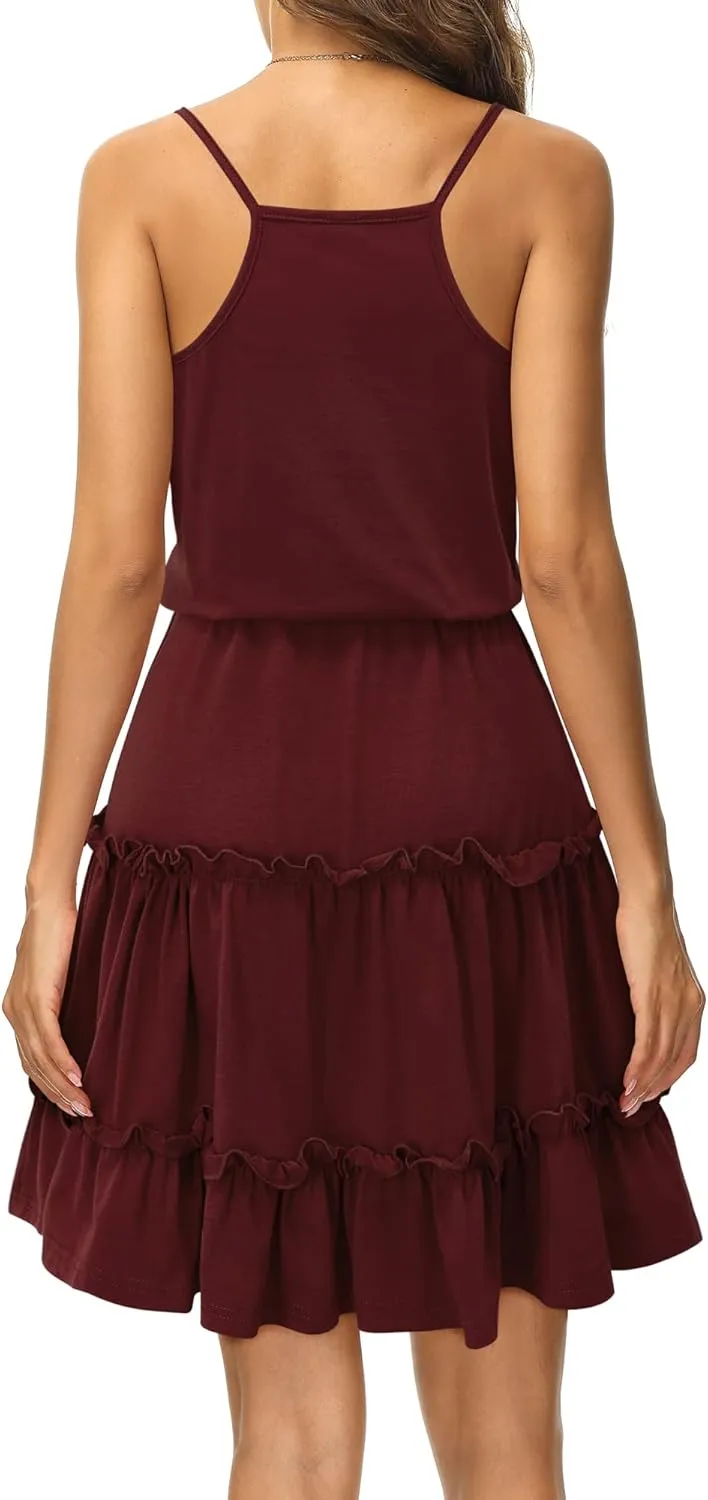 Newshows Women's 2025 Summer Dress Spaghetti Strap Casual Boho Beach Vacation Outfits Drawstring Ruffle Hem Sundress Trendy