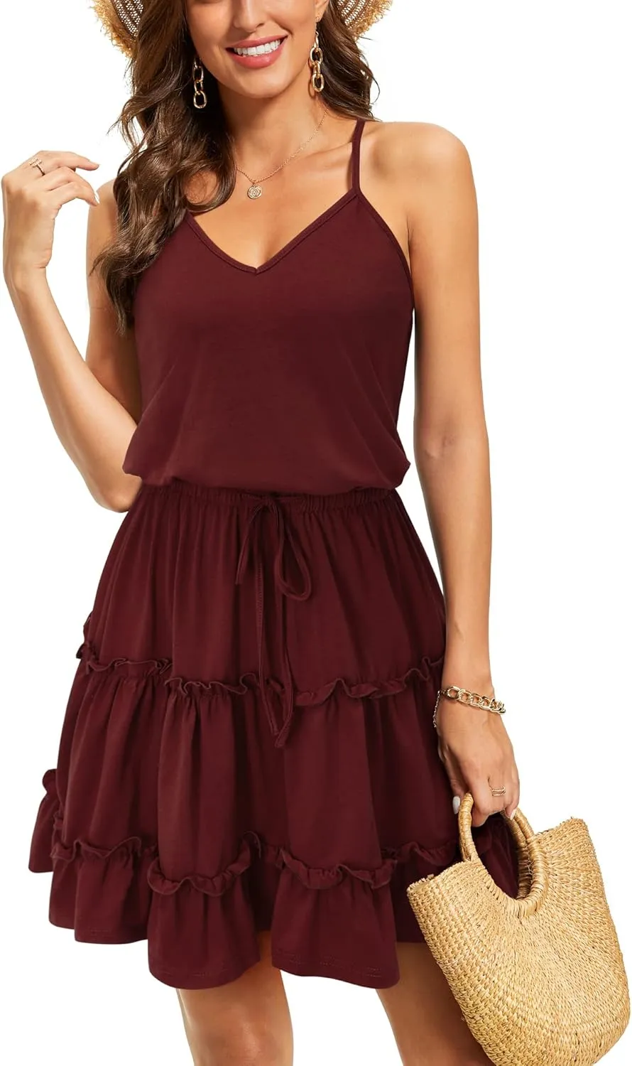 Newshows Women's 2025 Summer Dress Spaghetti Strap Casual Boho Beach Vacation Outfits Drawstring Ruffle Hem Sundress Trendy