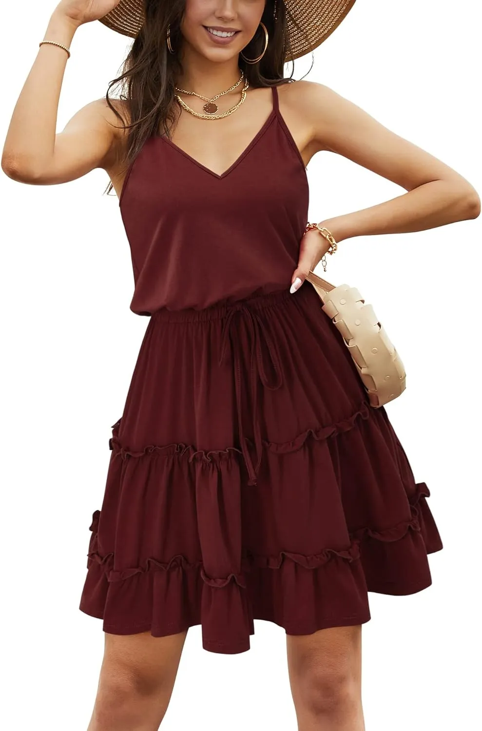 Newshows Women's 2025 Summer Dress Spaghetti Strap Casual Boho Beach Vacation Outfits Drawstring Ruffle Hem Sundress Trendy