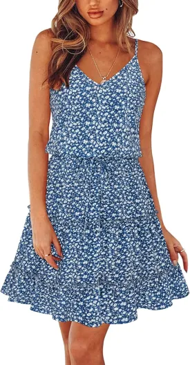 Newshows Women's 2025 Summer Dress Spaghetti Strap Casual Boho Beach Vacation Outfits Drawstring Ruffle Hem Sundress Trendy