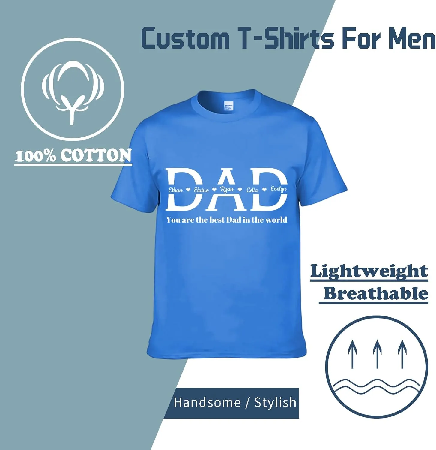 Personalized Fathers Day T-Shirt, Custom Best Gifts for Dad from Daughter Kids Wife, Customized Birthday Present
