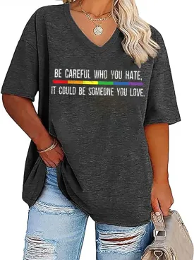 Plus Size Gay Pride T-Shirt Women LGBT Rainbow Graphic Tee Blouse Casual Loose Short Sleeve V-Neck Tunic Tops