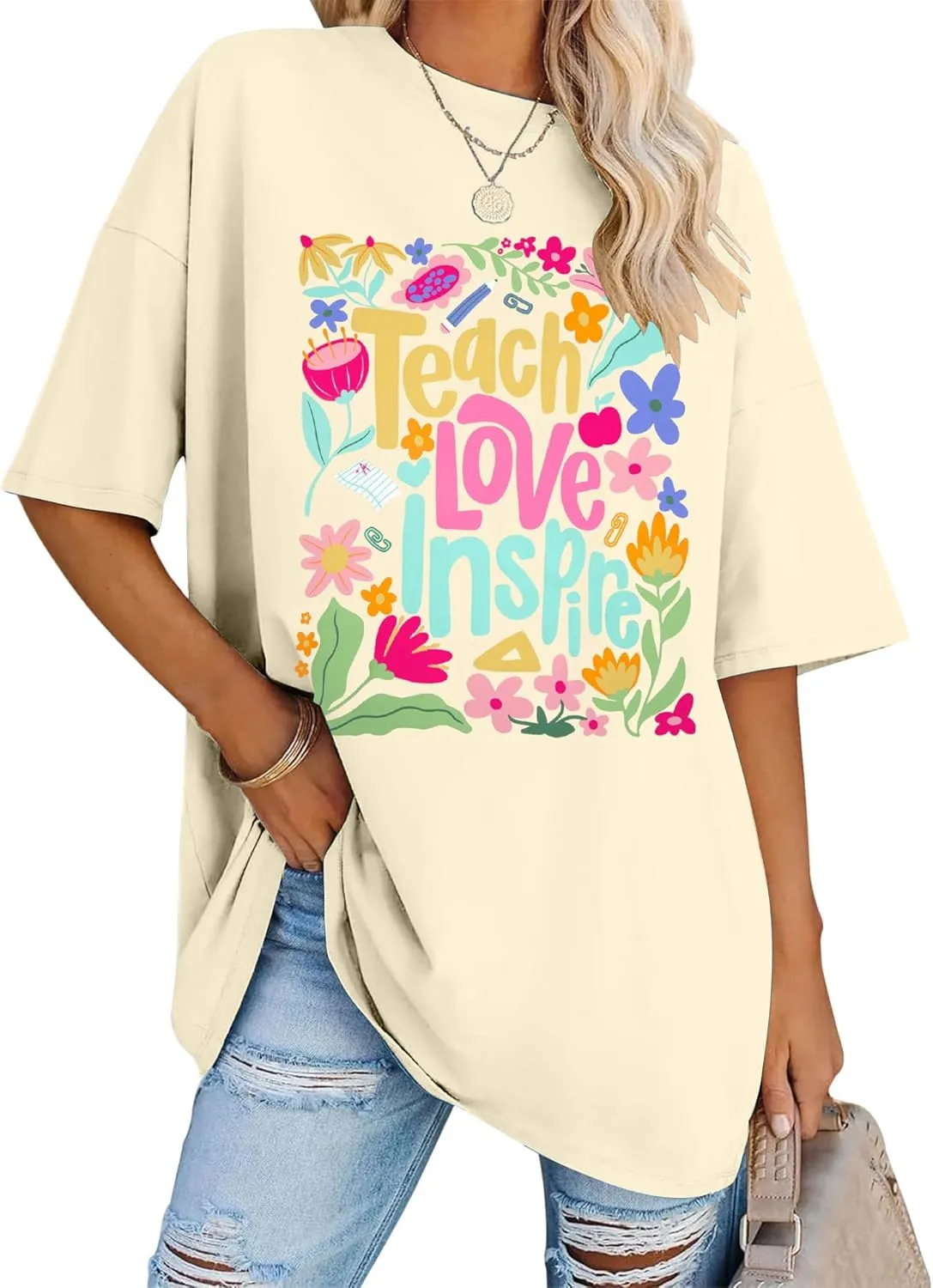 Teacher Shirt Women Teach Love Inspire Floral Graphic T-Shirt Teacher Life Shirts Last of School Tees Casual Short Sleeve Top