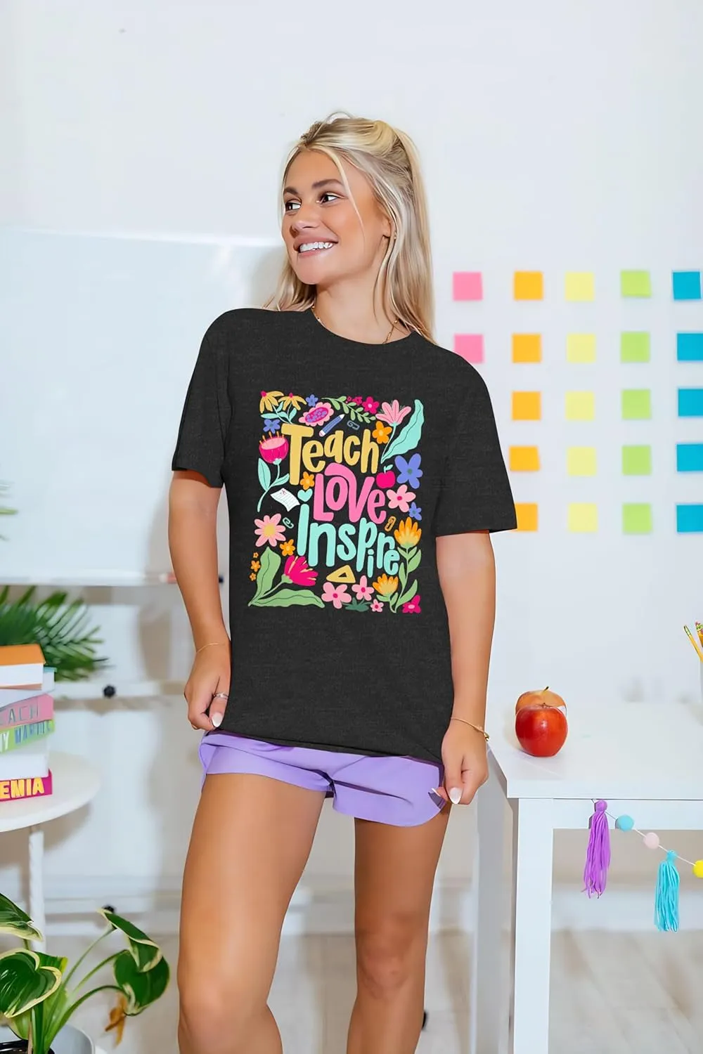 Teacher Shirt Women Teach Love Inspire Floral Graphic T-Shirt Teacher Life Shirts Last of School Tees Casual Short Sleeve Top