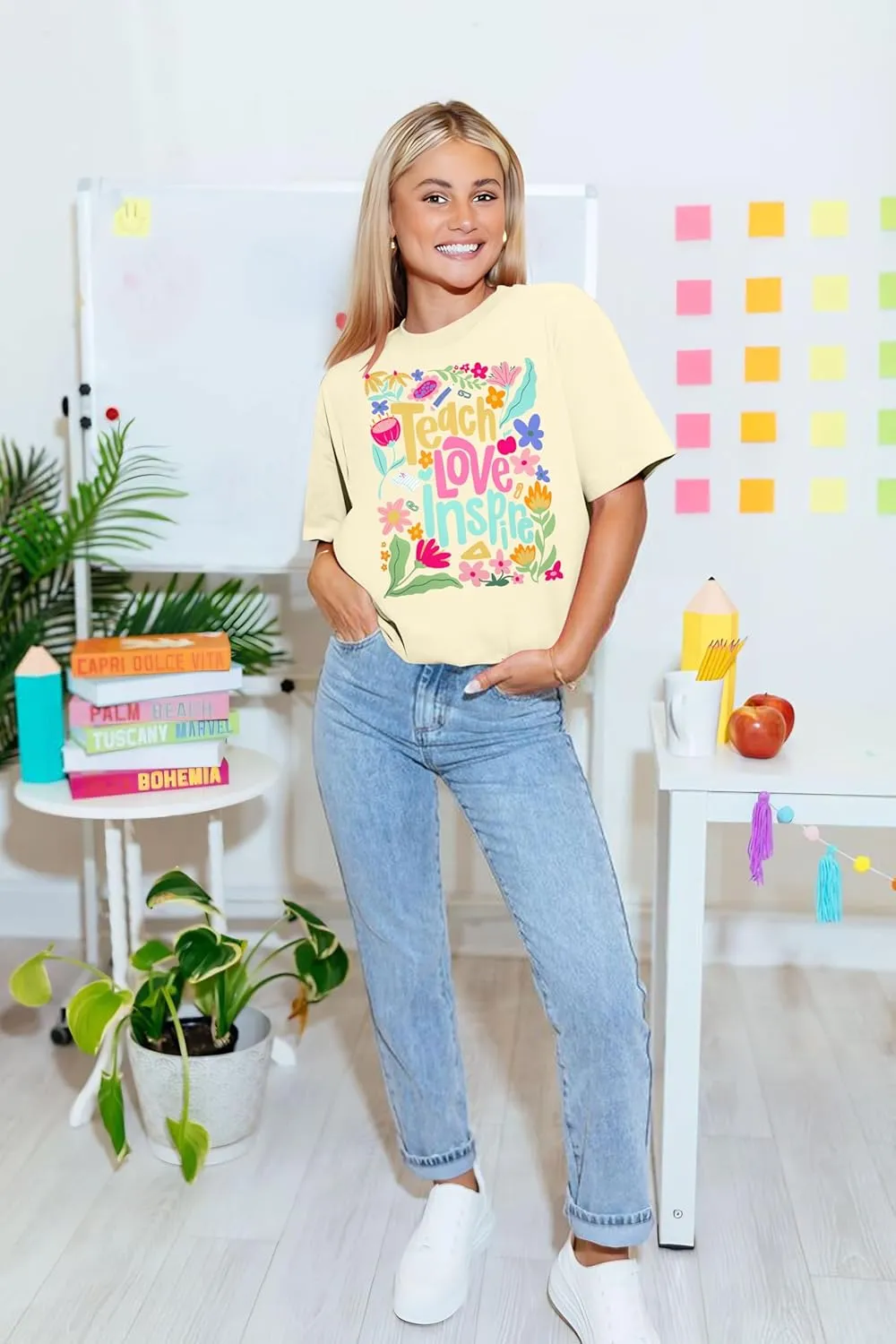 Teacher Shirt Women Teach Love Inspire Floral Graphic T-Shirt Teacher Life Shirts Last of School Tees Casual Short Sleeve Top