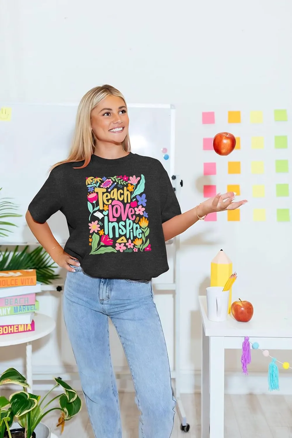 Teacher Shirt Women Teach Love Inspire Floral Graphic T-Shirt Teacher Life Shirts Last of School Tees Casual Short Sleeve Top