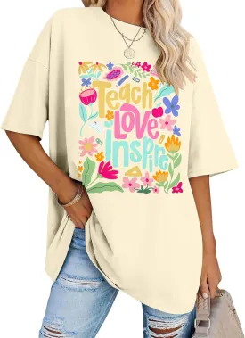 Teacher Shirt Women Teach Love Inspire Floral Graphic T-Shirt Teacher Life Shirts Last of School Tees Casual Short Sleeve Top