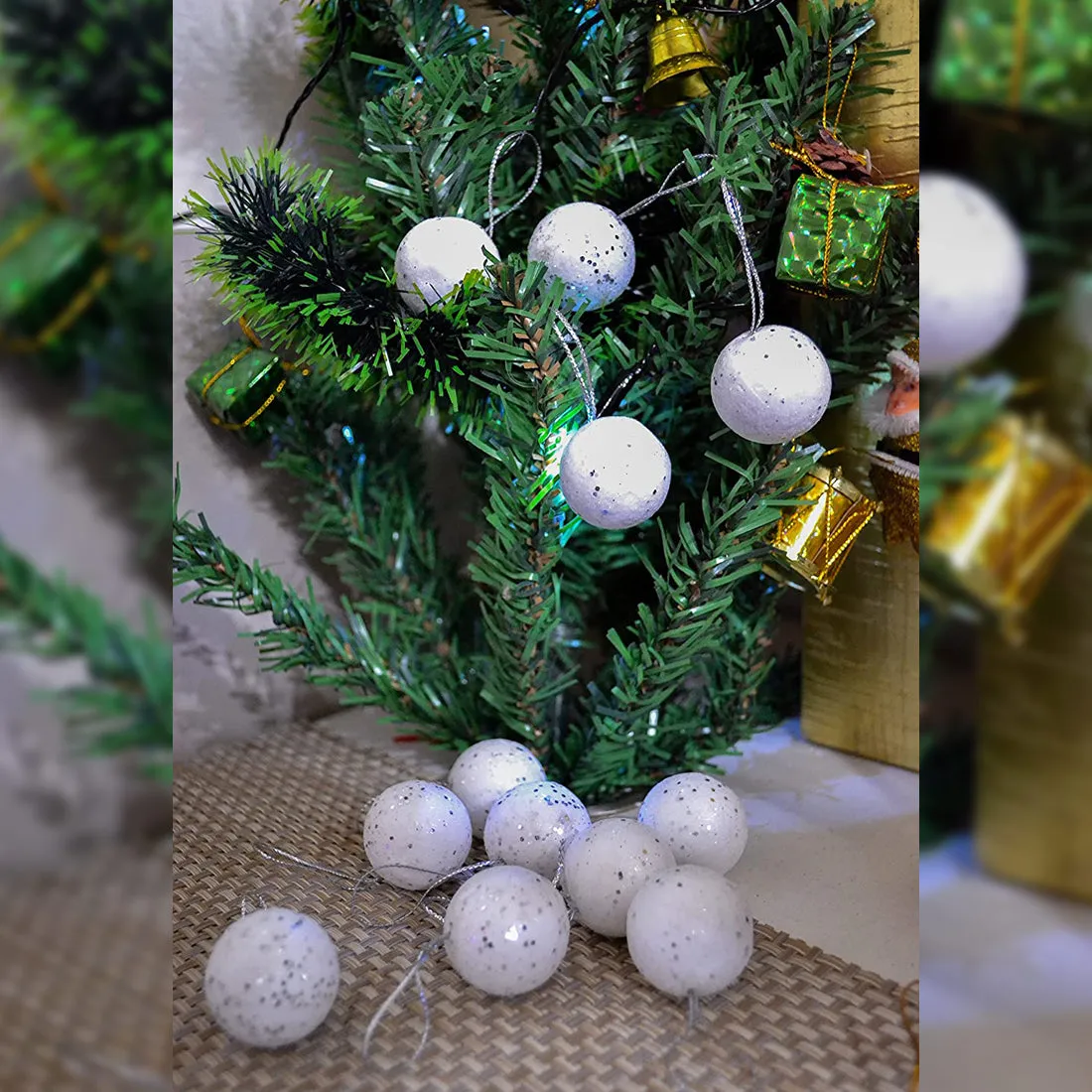 Thermocol Ball Christmas Tree Decorations Hanging - 6 Pcs