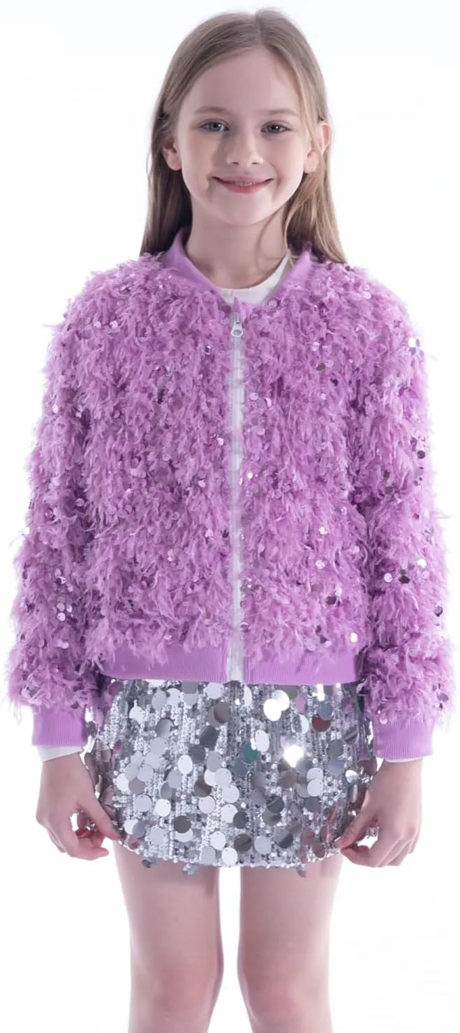WELAKEN Girls Faux Feather Sequin Jacket Shiny Long Sleeve Zip Up Coat with Pockets 5-12Y